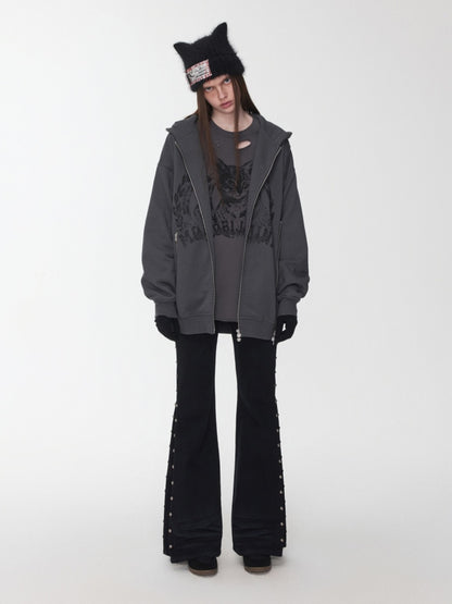 Cat Print Double Zipper Dropped Shoulder Straight Sweatshirt Long-Sleeved Casual Jackets【s0000014568】