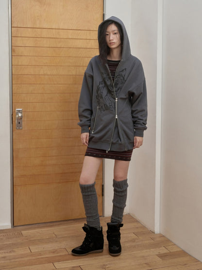 Cat Print Double Zipper Dropped Shoulder Straight Sweatshirt Long-Sleeved Casual Jackets【s0000014568】