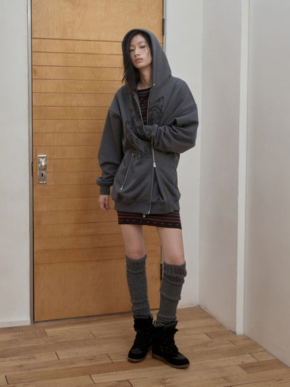 Cat Print Double Zipper Dropped Shoulder Straight Sweatshirt Long-Sleeved Casual Jackets【s0000014568】