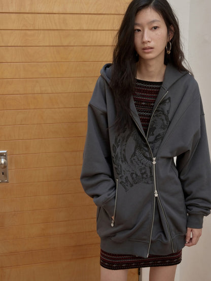 Cat Print Double Zipper Dropped Shoulder Straight Sweatshirt Long-Sleeved Casual Jackets【s0000014568】