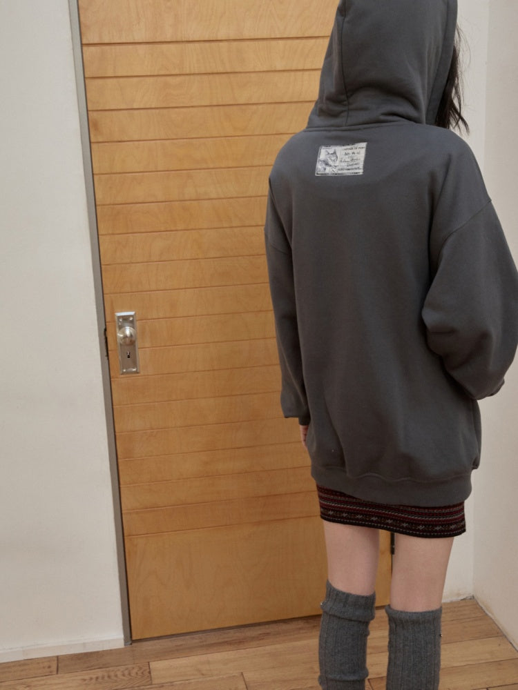 Cat Print Double Zipper Dropped Shoulder Straight Sweatshirt Long-Sleeved Casual Jackets【s0000014568】