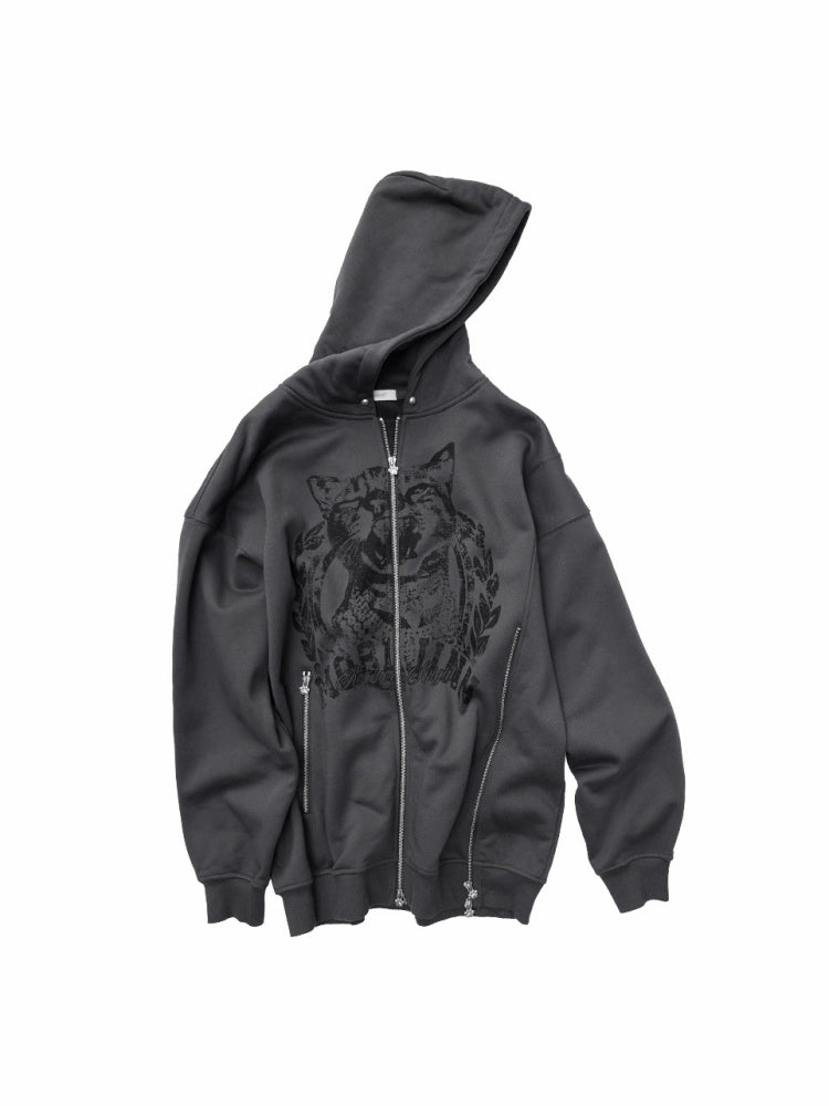 Cat Print Double Zipper Dropped Shoulder Straight Sweatshirt Long-Sleeved Casual Jackets【s0000014568】