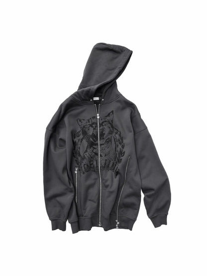 Cat Print Double Zipper Dropped Shoulder Straight Sweatshirt Long-Sleeved Casual Jackets【s0000014568】