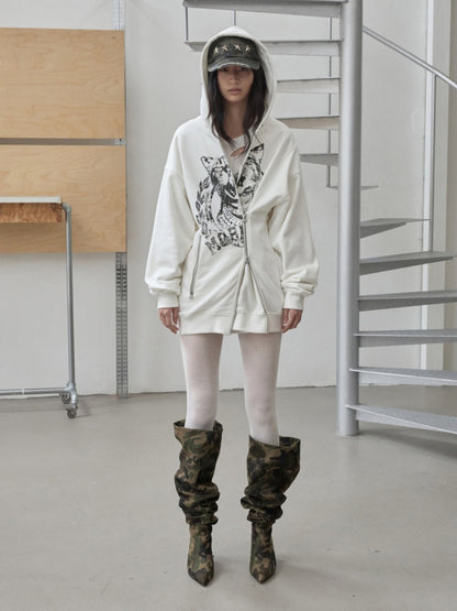 Cat Print Double Zipper Dropped Shoulder Straight Sweatshirt Long-Sleeved Casual Jackets【s0000014568】