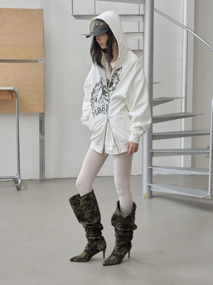 Cat Print Double Zipper Dropped Shoulder Straight Sweatshirt Long-Sleeved Casual Jackets【s0000014568】