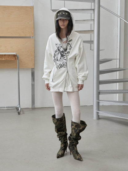 Cat Print Double Zipper Dropped Shoulder Straight Sweatshirt Long-Sleeved Casual Jackets【s0000014568】