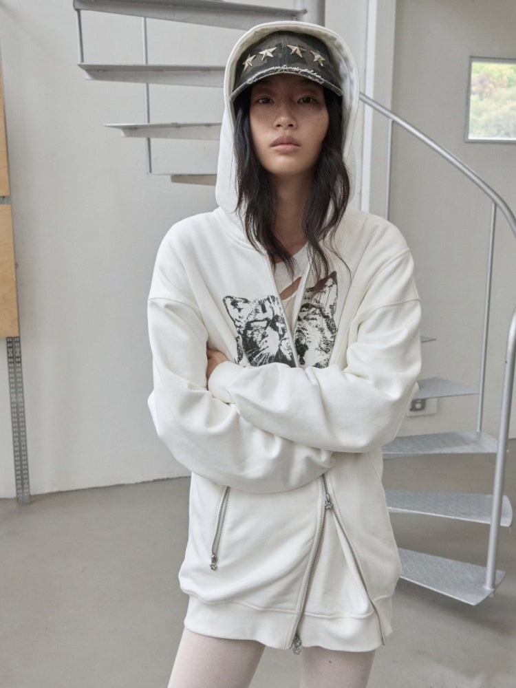 Cat Print Double Zipper Dropped Shoulder Straight Sweatshirt Long-Sleeved Casual Jackets【s0000014568】