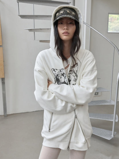Cat Print Double Zipper Dropped Shoulder Straight Sweatshirt Long-Sleeved Casual Jackets【s0000014568】