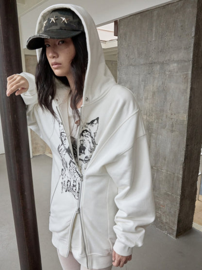 Cat Print Double Zipper Dropped Shoulder Straight Sweatshirt Long-Sleeved Casual Jackets【s0000014568】
