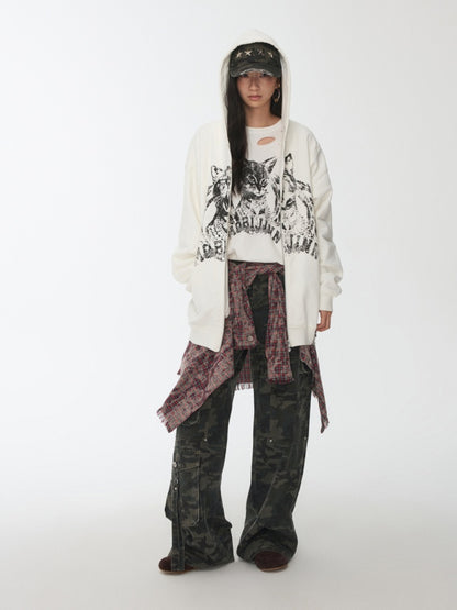 Cat Print Double Zipper Dropped Shoulder Straight Sweatshirt Long-Sleeved Casual Jackets【s0000014568】