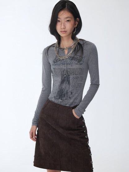 Vintage Henry Collar Contrast Print Long Sleeve Knit Slimming Base Top【s0000014569】