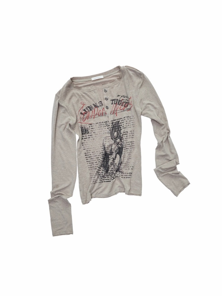 Vintage Henry Collar Contrast Print Long Sleeve Knit Slimming Base Top【s0000014569】