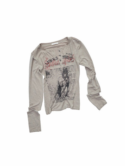 Vintage Henry Collar Contrast Print Long Sleeve Knit Slimming Base Top【s0000014569】