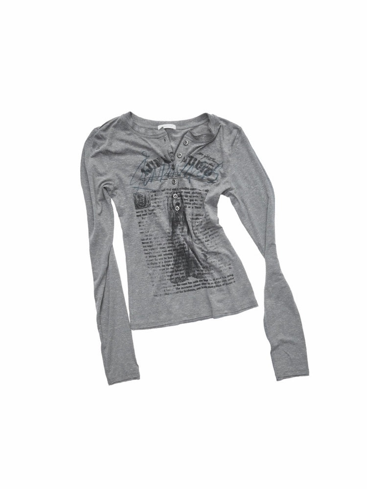 Vintage Henry Collar Contrast Print Long Sleeve Knit Slimming Base Top【s0000014569】