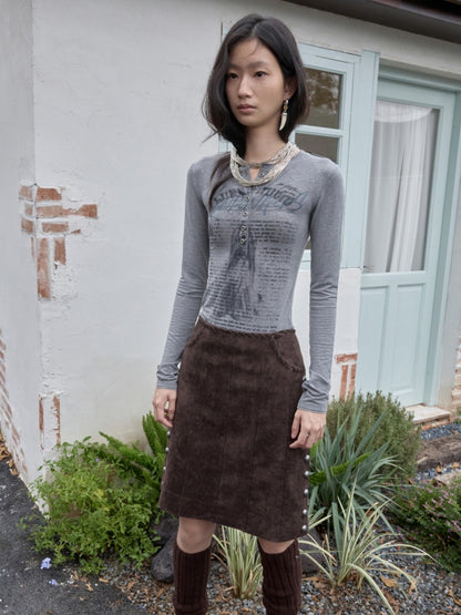 Vintage Henry Collar Contrast Print Long Sleeve Knit Slimming Base Top【s0000014569】