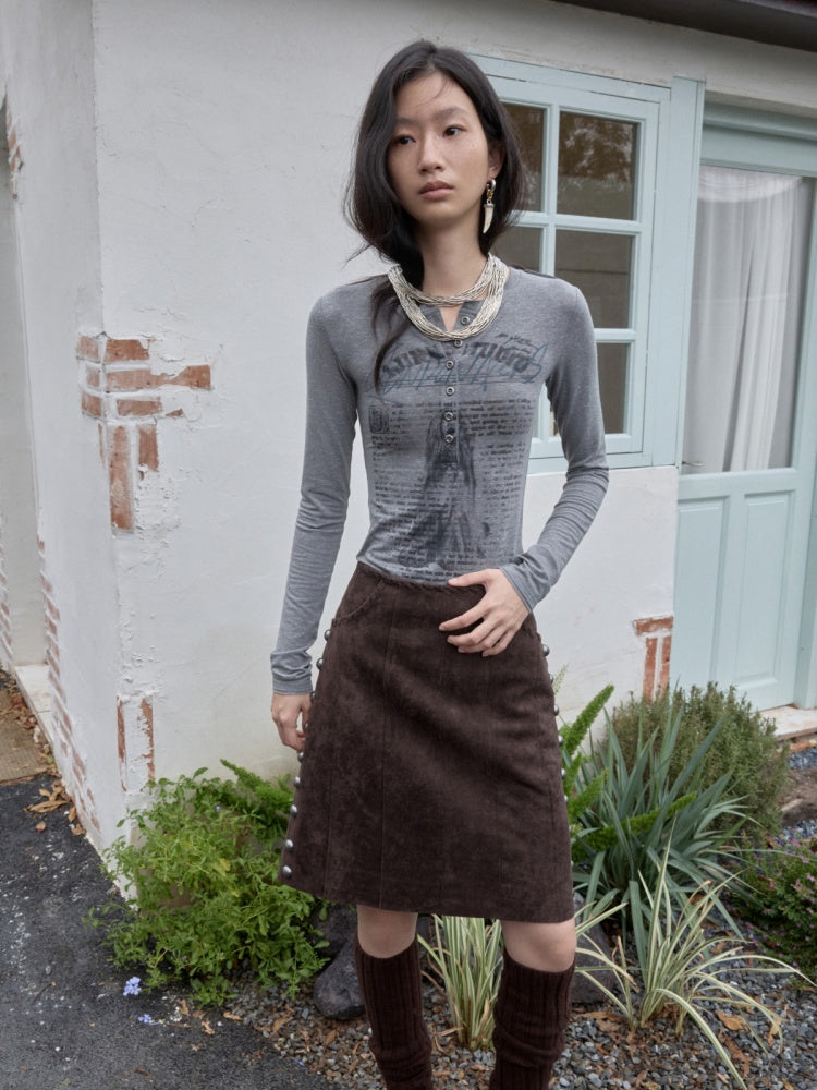 Vintage Henry Collar Contrast Print Long Sleeve Knit Slimming Base Top【s0000014569】