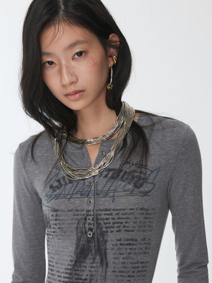 Vintage Henry Collar Contrast Print Long Sleeve Knit Slimming Base Top【s0000014569】