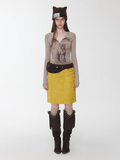 Vintage Henry Collar Contrast Print Long Sleeve Knit Slimming Base Top【s0000014569】