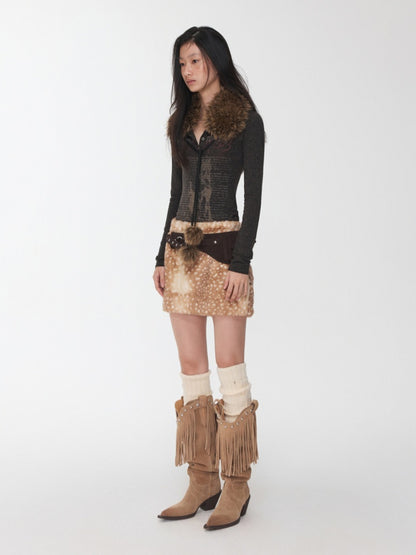 Vintage Henry Collar Contrast Print Long Sleeve Knit Slimming Base Top【s0000014569】