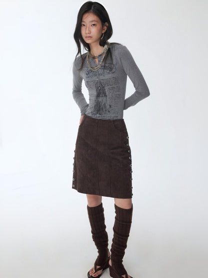 Vintage Henry Collar Contrast Print Long Sleeve Knit Slimming Base Top【s0000014569】