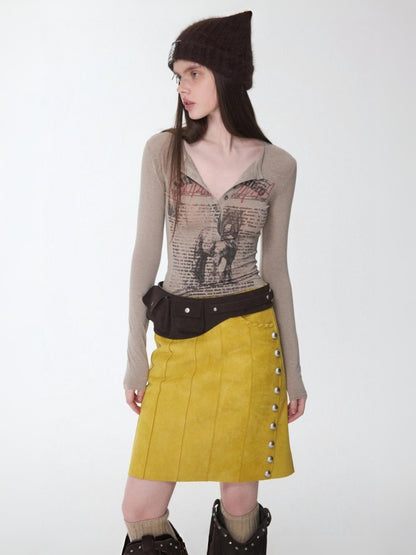 Vintage Henry Collar Contrast Print Long Sleeve Knit Slimming Base Top【s0000014569】