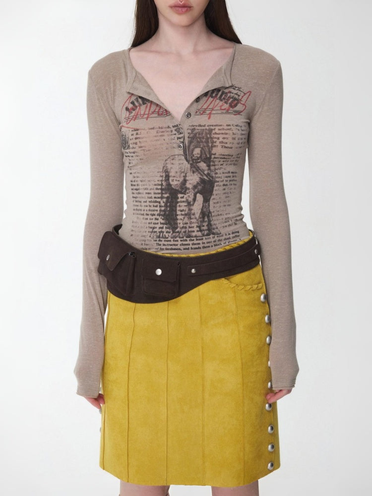 Vintage Henry Collar Contrast Print Long Sleeve Knit Slimming Base Top【s0000014569】