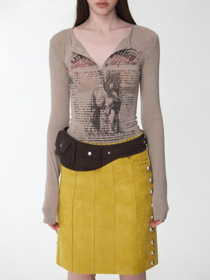 Vintage Henry Collar Contrast Print Long Sleeve Knit Slimming Base Top【s0000014569】