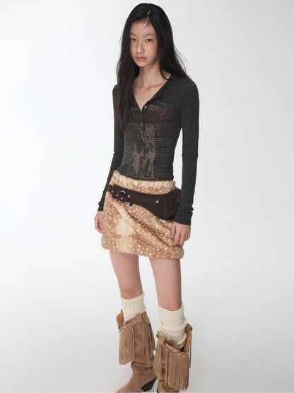 Vintage Henry Collar Contrast Print Long Sleeve Knit Slimming Base Top【s0000014569】