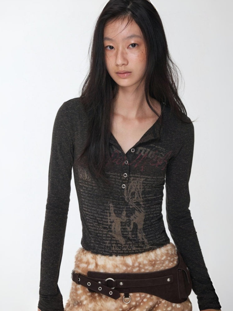 Vintage Henry Collar Contrast Print Long Sleeve Knit Slimming Base Top【s0000014569】