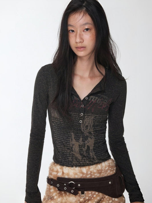 Vintage Henry Collar Contrast Print Long Sleeve Knit Slimming Base Top【s0000014569】