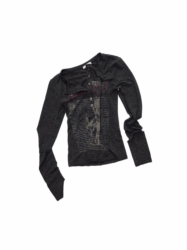 Vintage Henry Collar Contrast Print Long Sleeve Knit Slimming Base Top【s0000014569】