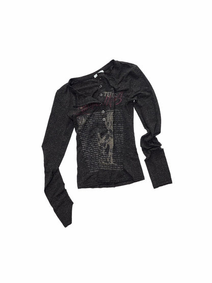 Vintage Henry Collar Contrast Print Long Sleeve Knit Slimming Base Top【s0000014569】