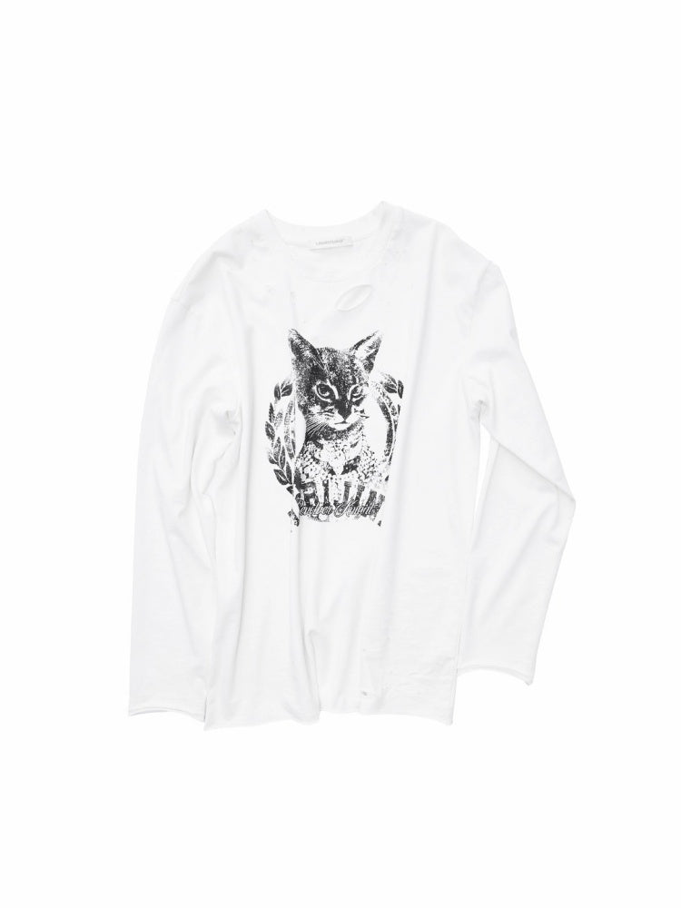 American Vintage Cat Print Washed Hole T-Shirt Loose Slightly Dropped Shoulder Long Sleeve Top【s0000014570】