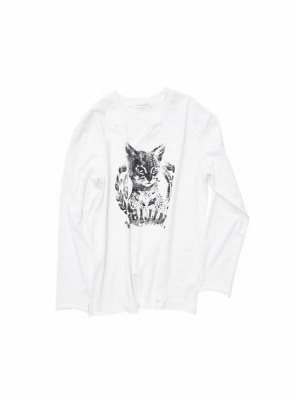 American Vintage Cat Print Washed Hole T-Shirt Loose Slightly Dropped Shoulder Long Sleeve Top【s0000014570】
