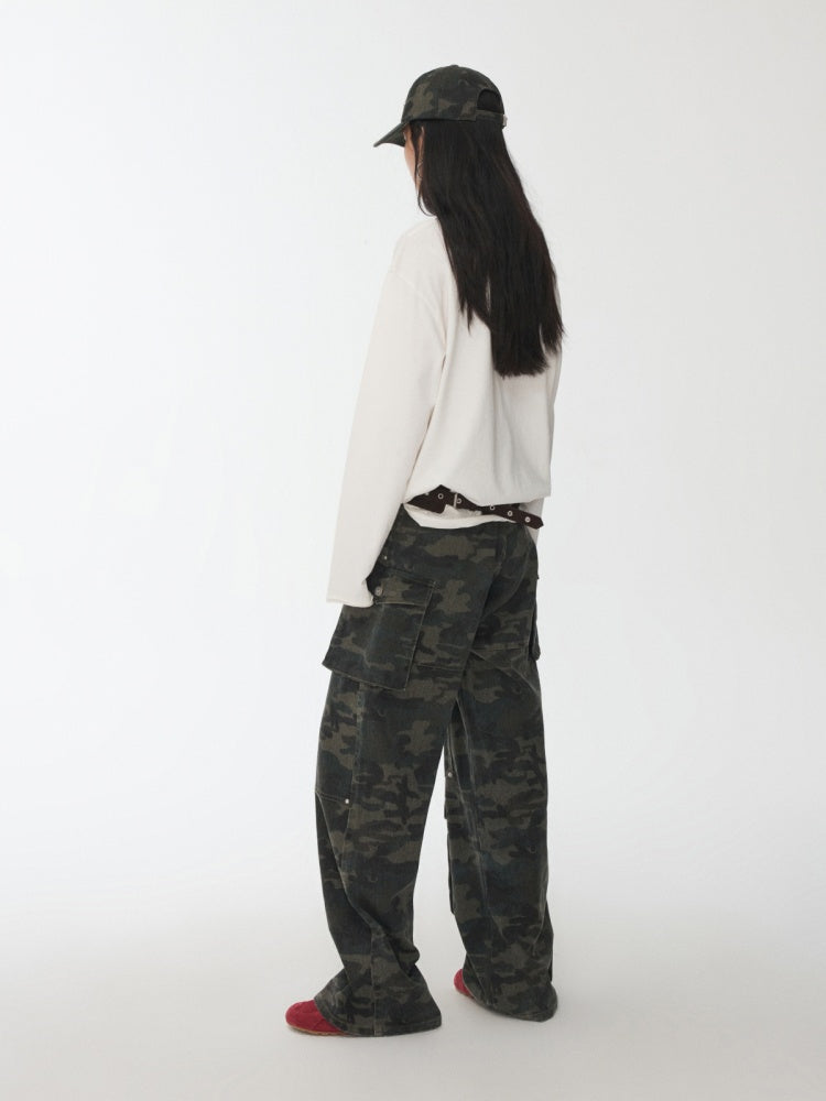 American Vintage Cat Print Washed Hole T-Shirt Loose Slightly Dropped Shoulder Long Sleeve Top【s0000014570】