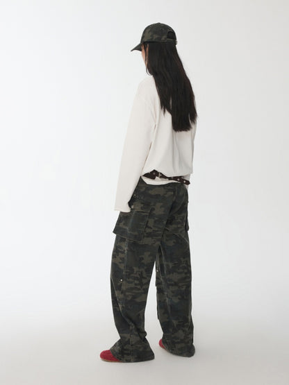 American Vintage Cat Print Washed Hole T-Shirt Loose Slightly Dropped Shoulder Long Sleeve Top【s0000014570】