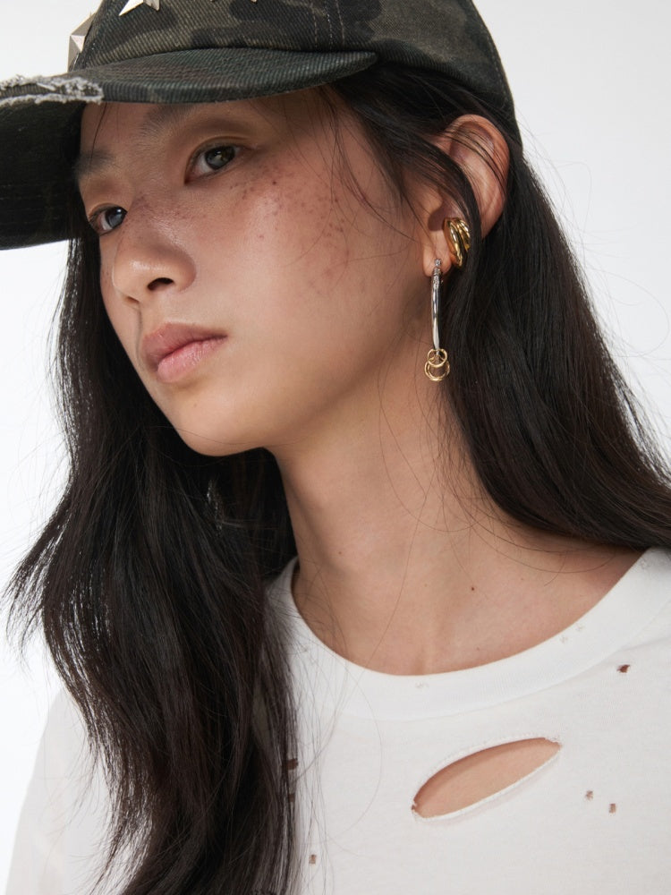 American Vintage Cat Print Washed Hole T-Shirt Loose Slightly Dropped Shoulder Long Sleeve Top【s0000014570】