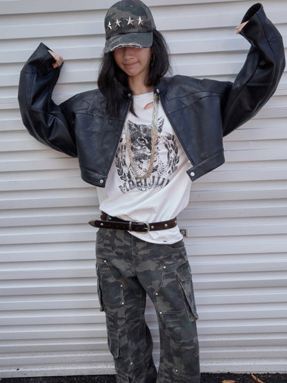 American Vintage Cat Print Washed Hole T-Shirt Loose Slightly Dropped Shoulder Long Sleeve Top【s0000014570】