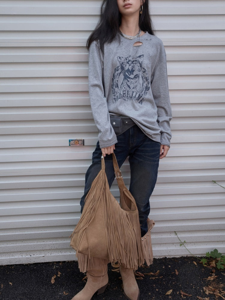 American Vintage Cat Print Washed Hole T-Shirt Loose Slightly Dropped Shoulder Long Sleeve Top【s0000014570】