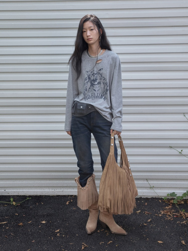 American Vintage Cat Print Washed Hole T-Shirt Loose Slightly Dropped Shoulder Long Sleeve Top【s0000014570】