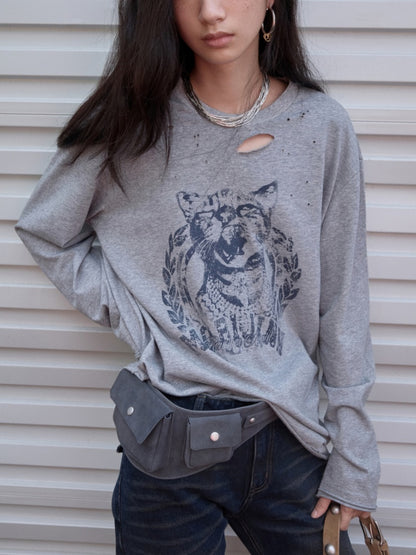 American Vintage Cat Print Washed Hole T-Shirt Loose Slightly Dropped Shoulder Long Sleeve Top【s0000014570】