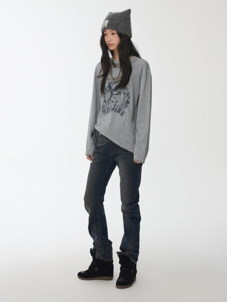 American Vintage Cat Print Washed Hole T-Shirt Loose Slightly Dropped Shoulder Long Sleeve Top【s0000014570】