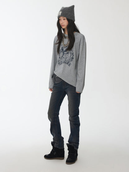 American Vintage Cat Print Washed Hole T-Shirt Loose Slightly Dropped Shoulder Long Sleeve Top【s0000014570】