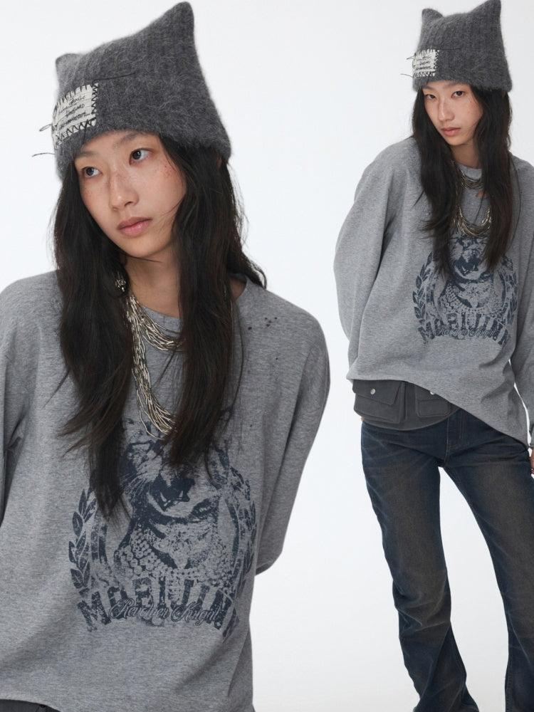 American Vintage Cat Print Washed Hole T-Shirt Loose Slightly Dropped Shoulder Long Sleeve Top【s0000014570】