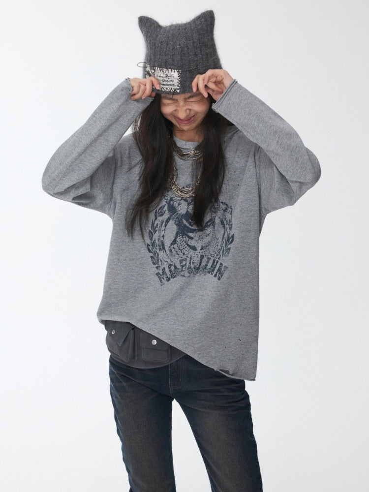 American Vintage Cat Print Washed Hole T-Shirt Loose Slightly Dropped Shoulder Long Sleeve Top【s0000014570】