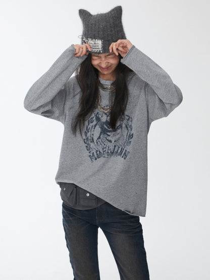 American Vintage Cat Print Washed Hole T-Shirt Loose Slightly Dropped Shoulder Long Sleeve Top【s0000014570】
