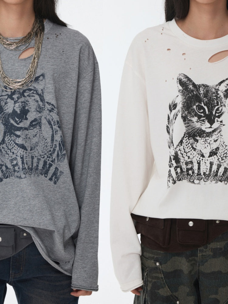 American Vintage Cat Print Washed Hole T-Shirt Loose Slightly Dropped Shoulder Long Sleeve Top【s0000014570】