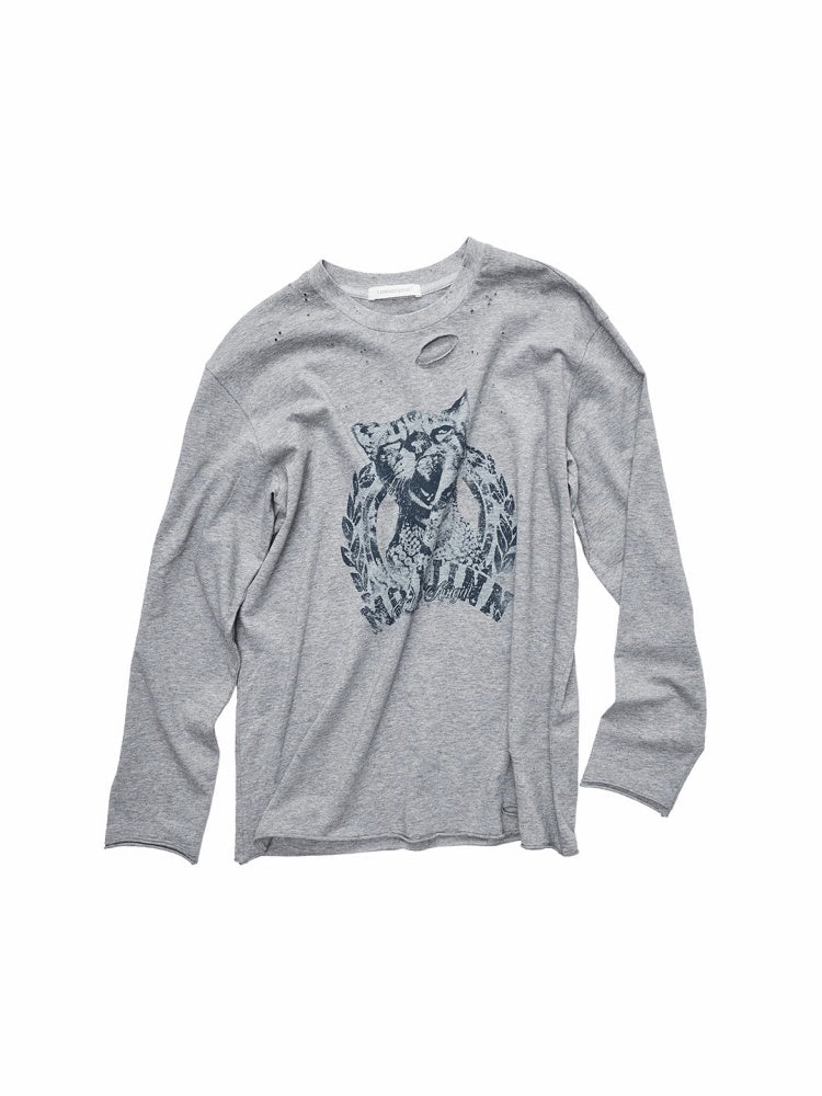 American Vintage Cat Print Washed Hole T-Shirt Loose Slightly Dropped Shoulder Long Sleeve Top【s0000014570】