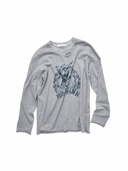 American Vintage Cat Print Washed Hole T-Shirt Loose Slightly Dropped Shoulder Long Sleeve Top【s0000014570】
