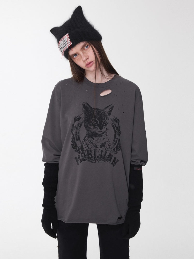 American Vintage Cat Print Washed Hole T-Shirt Loose Slightly Dropped Shoulder Long Sleeve Top【s0000014570】